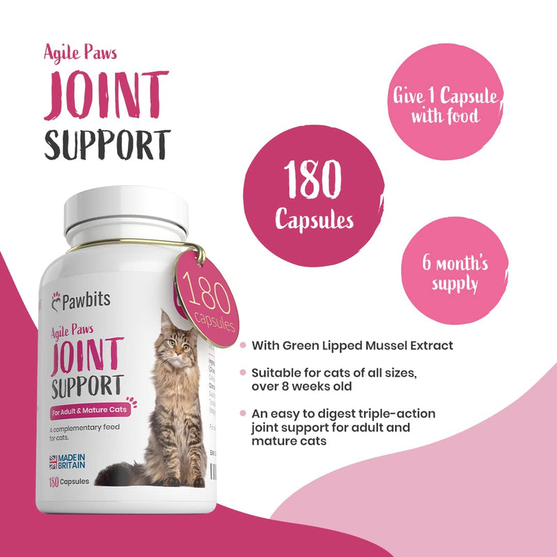 180 Pawbits Joint Support for Cats Tablets for Stiff & Mature Adult Cats Anti-Inflammatory Relief Supplements, Green Lipped Mussel, Glucosamine & Hyaluronic Acid Sprinkle Capsules (180) 180 Tablets - PawsPlanet Australia