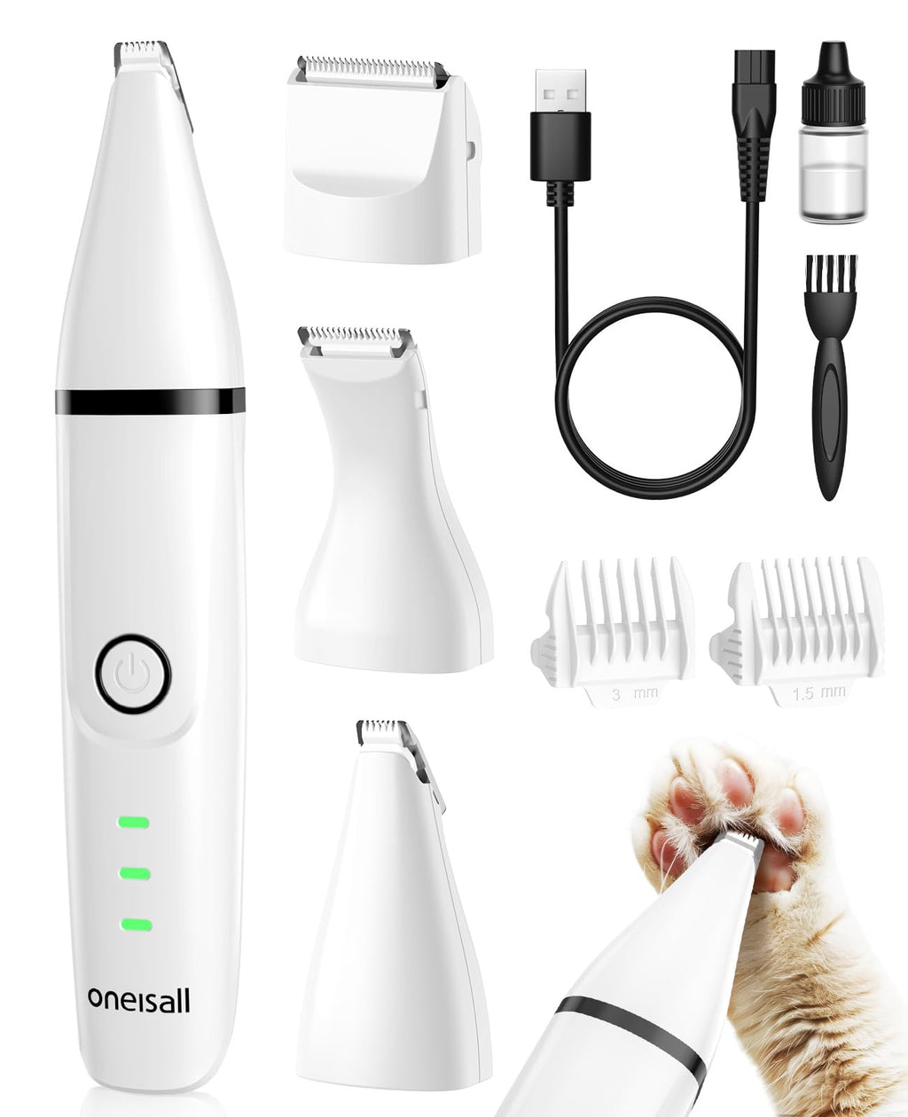 oneisall Quiet Cat Paw Trimmer, Cordless Cat Shaver, 3 in 1 Cat Hair Trimmer, Rechargeable Cat Clippers Pet Clippers for Cats, Cat Trimmer for Paws, Butt, Knotted, Dingleberry