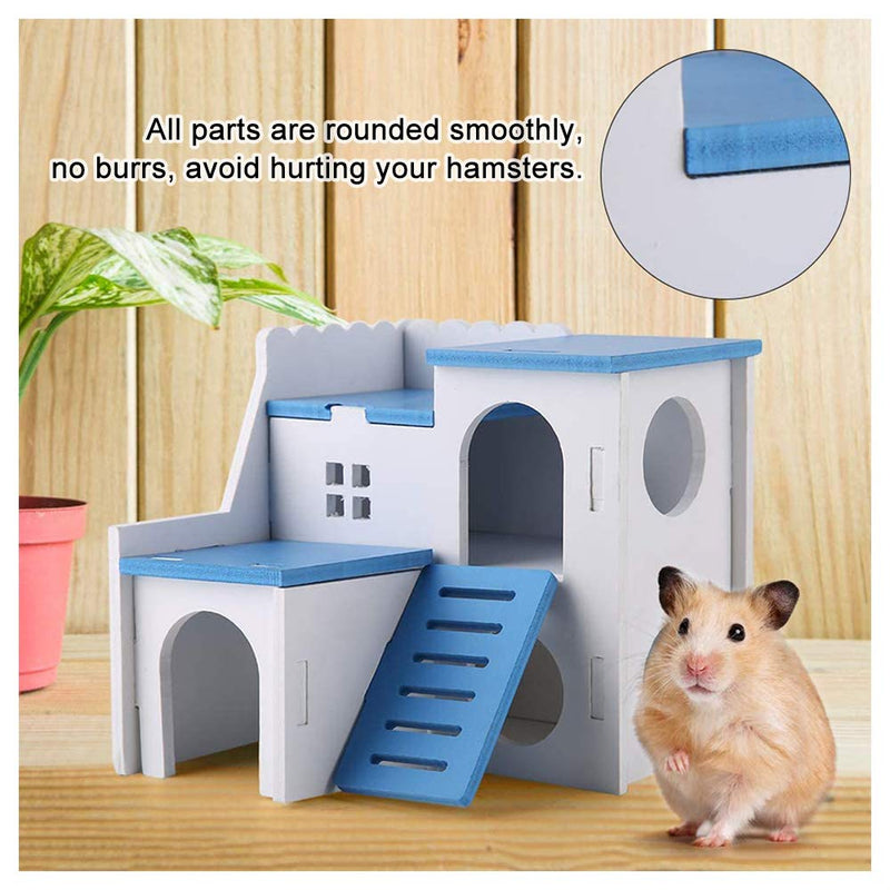 WishLotus Wooden Hamster House, Small Animal Hideout Hamster House with Funny Climbing Ladder Exercise Toys Luxury Two Layers Hut for Dwarf Hamster, Chinchilla, Rat, Gerbil, Mouse (Blue)