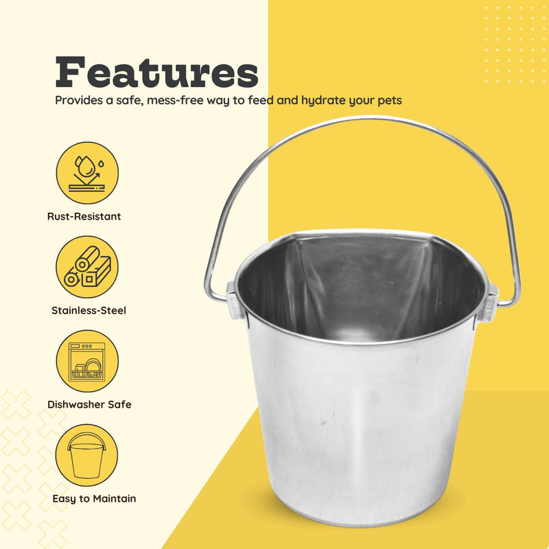9 Quart Stainless Steel Flat Side Bucket | Durable Heavy Duty Food & Water Feeding Pails for Dog Goat Sheep horse | Fits kennels Cage Critter Crates Hanging Pet Pail | Multipurpose Bucket 9 Quarts - PawsPlanet Australia