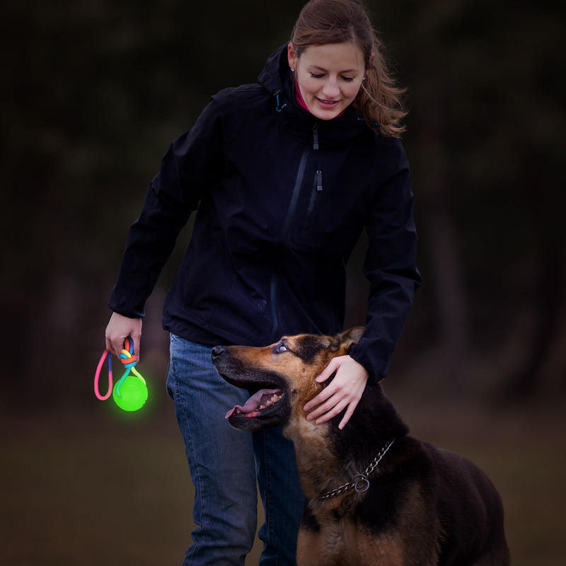 2 Pcs Glow in The Dark Dog Training Ball on Rope 2.36 Inch 12 Inch Rope Glowing Rubber Dog Toys Dog Pull Tug Throw Toys with Handle Reward Fetch Exercise Ball for Small Large Medium Dogs - PawsPlanet Australia