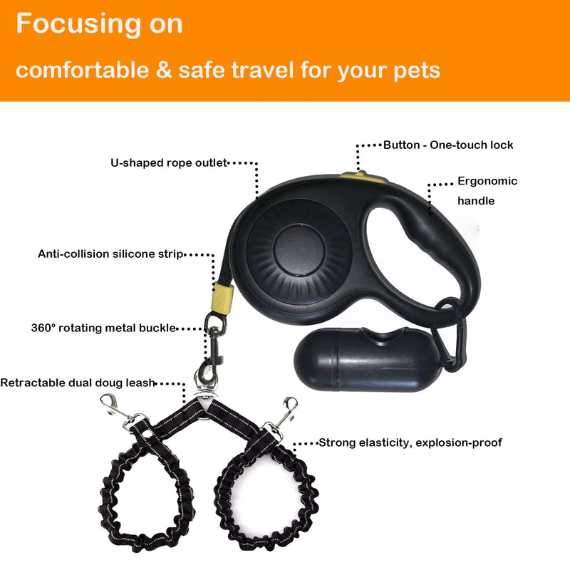 Double Dog Leash for Walking 2 Small Dogs (Up to 33 Lbs Each), Dual Retractable 9.8ft Extendable Strong Nylon Tape Pet Leash with Poop Bags, One-Handed Brake, Pause, Lock (Black) Black - PawsPlanet Australia