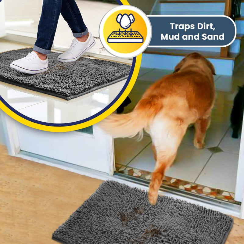 Muddy Mat® | Super Absorbent Door Mat Indoor, Microfiber Quick Dry Chenille Entryway Rug, Non-Slip Front Door Mat, Indoor Mats for Entryway, Machine Washable Pet Rug, Grey 30"x19" 19" x 30" - PawsPlanet Australia