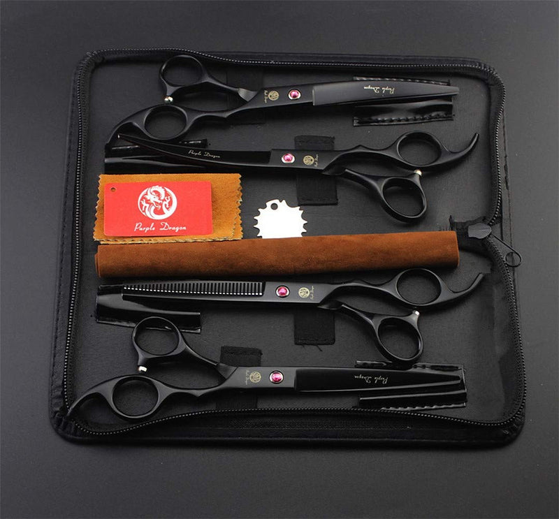 Purple Dragon Professional 7.0 inch 4PCS Pet Grooming Scissors Kit Japan Premium Steel Straight, Curved & Thinning Blade Dog Hair Cutting Shears Set with Case Matte Black - PawsPlanet Australia
