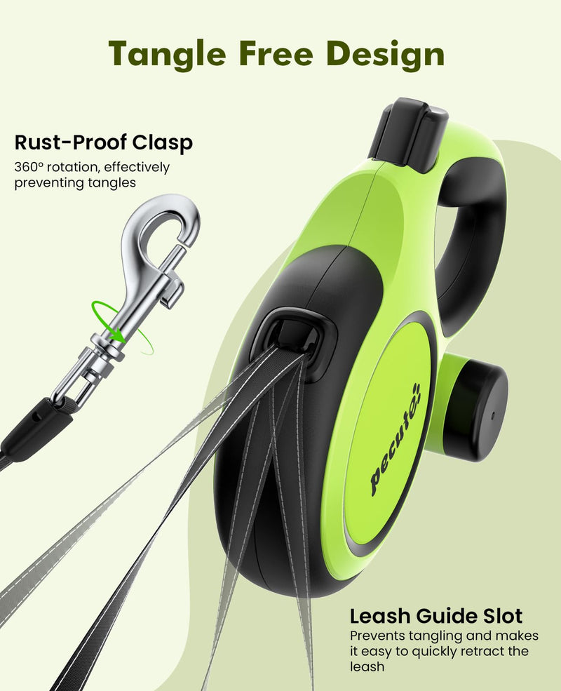 Pecute16ft Retractable Dog Leash with Chew Proof Extender 18'', Lightweight Dog Retractable Leash with Poop Bag Holder, Anti-Slip Grip, Leashes for Puppy and Medium Dogs 11lbs-66lbs (Green) Green 16ft| up to 66 lbs| chew proof extender - PawsPlanet Australia