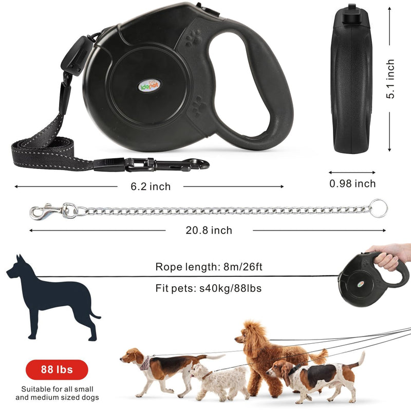 Idepet Heavy Duty Retractable Dog Leash for Small and Medium Dogs, Anti-Chewing Steel Chain Design,360 DegreeTangle-Free,Break and Lock System,26ft Leash Dog Walking (Black, Round Rope) Black - PawsPlanet Australia