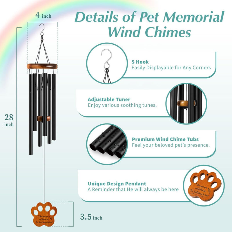 Dog Memorial Gifts for Loss of Dog - Loving Pet Memorial Wind Chimes, Dog Bereavement Gifts with Memorial Poem Gift Cards for The Passing of Dogs and Cats (Midnight Black) Midnight Black