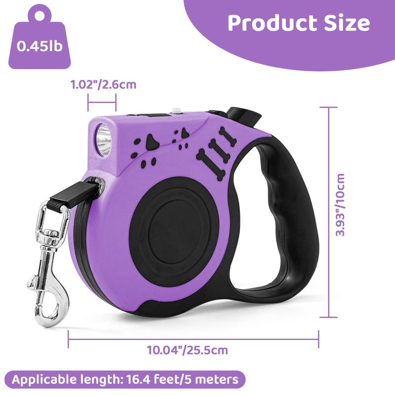 Retractable Dog Leash with USB Rechargeable Flashlight for Night Walks, 16FT Automatic Telescopic Tractor Dog Leash for Small and Medium Dogs, Purple - PawsPlanet Australia