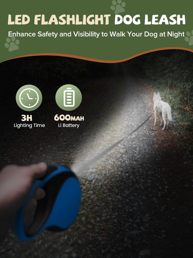 Retractable Dog Leash with Led Light, Douexio 16ft Rechargeable Walking Dog Leash for Small Medium Dogs Up to 66 lbs,360° Tangle-Free, One-Button Control, High Strength Hook 0-66lbs Blue - PawsPlanet Australia