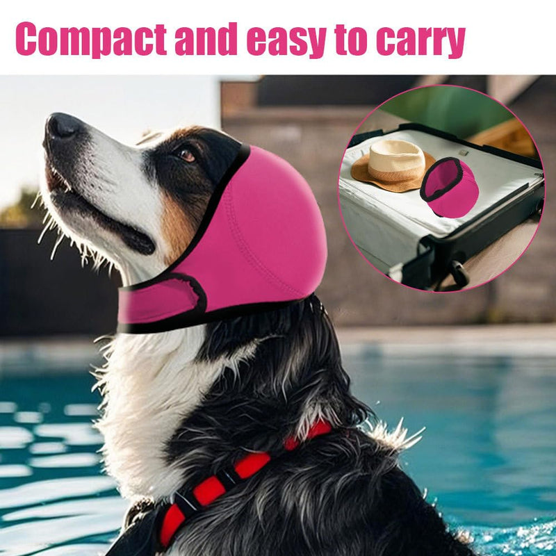 Dog Ear Defender, Waterproof Adjustable Dogs Head Cover Noise Cancelling Windproof Pet Calming Hood for Summer Bathing Water Play Protection Rose Red L