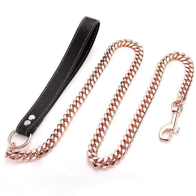 AIYIDI Rose Gold Chain Dog Leash Heavy Duty 3FT/4FT/5FT Stainless Steel Metal Training Walking Leash,Easy Hook,Leather Handle,Chewy, 10mm/14mm Cuban Link Leash for Large Medium Small Dogs Chain Width: 14mm 5FT(60inches) - PawsPlanet Australia