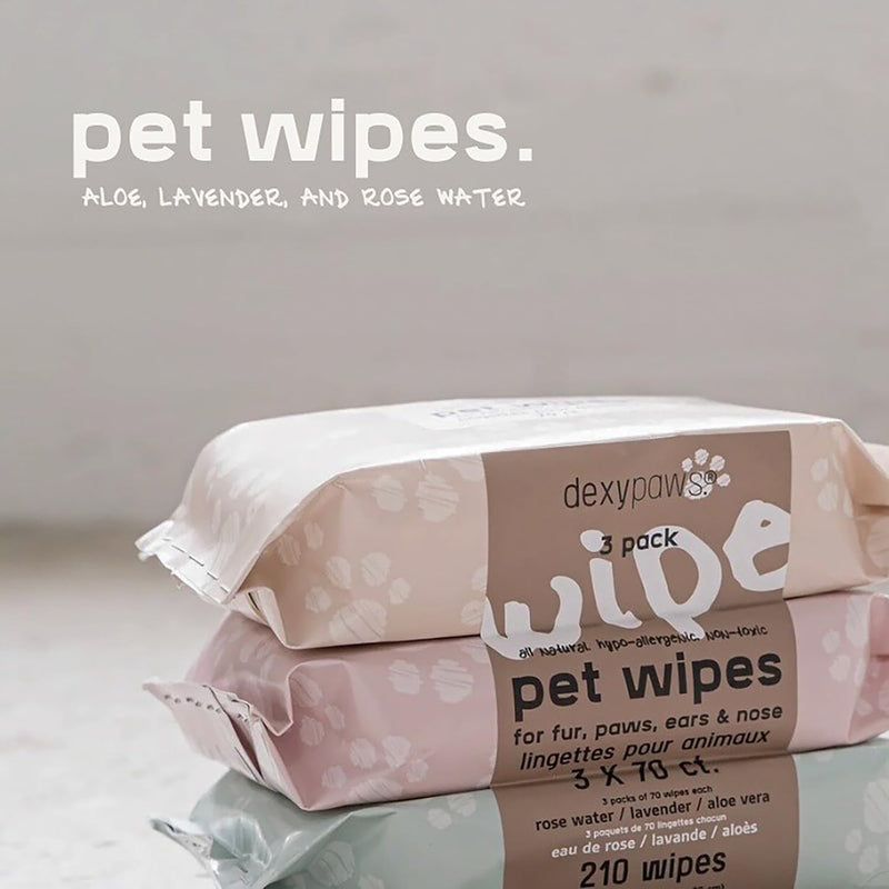 Pet Cleansing Wipes - 3 Packs (70ct Each) - Aloe-Lavender-Rose Water - Wet Wipes for Dogs & Cats, Fur-Paws-Face, Natural Pet Safe Grooming - PawsPlanet Australia