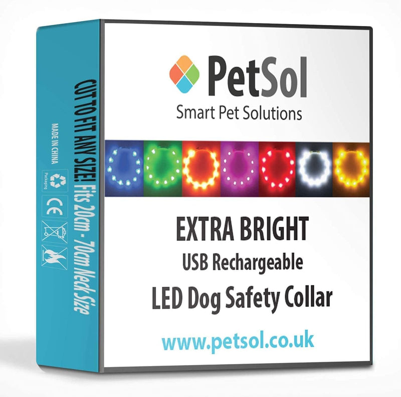 PetSol Light Up Dog Collar Blue - Extra Bright LED Collar - USB Rechargeable - Cut to Fit (20cm to 70cm) with Static or Flashing Mode - Weatherproof, Easy Clean, High Visibility & Full Guarantee - PawsPlanet Australia