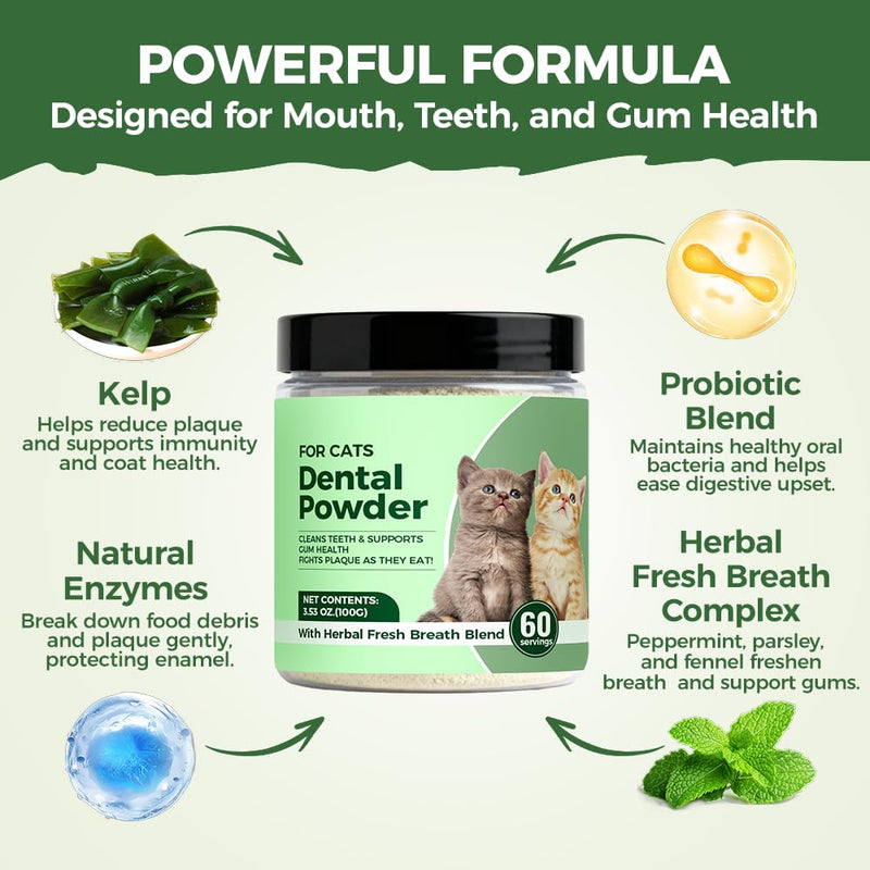 Dental Powder for Cats, Cat Dental Powder with Probiotics & Seaweed for Cats Teeth & Breath Support, 60-Day Supply (1) 1