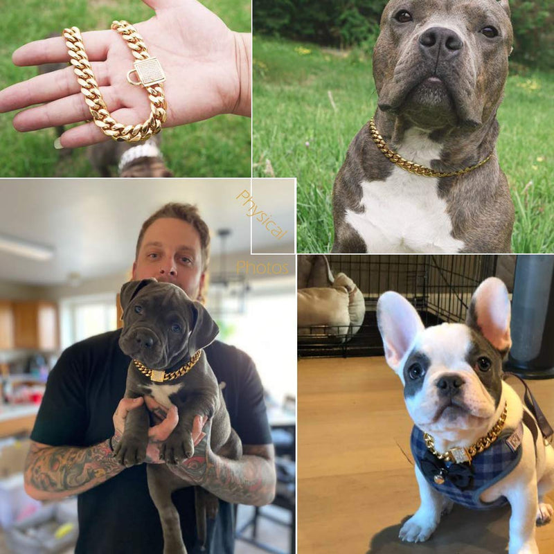 Designer Dog Collar Gold Metal Stainless Steel with Zirconia Lock 14mm 18K Gold Big Dog Luxury Training Collar Cuban Lock Link Necklace Chain(24 inch) 24 inch - PawsPlanet Australia