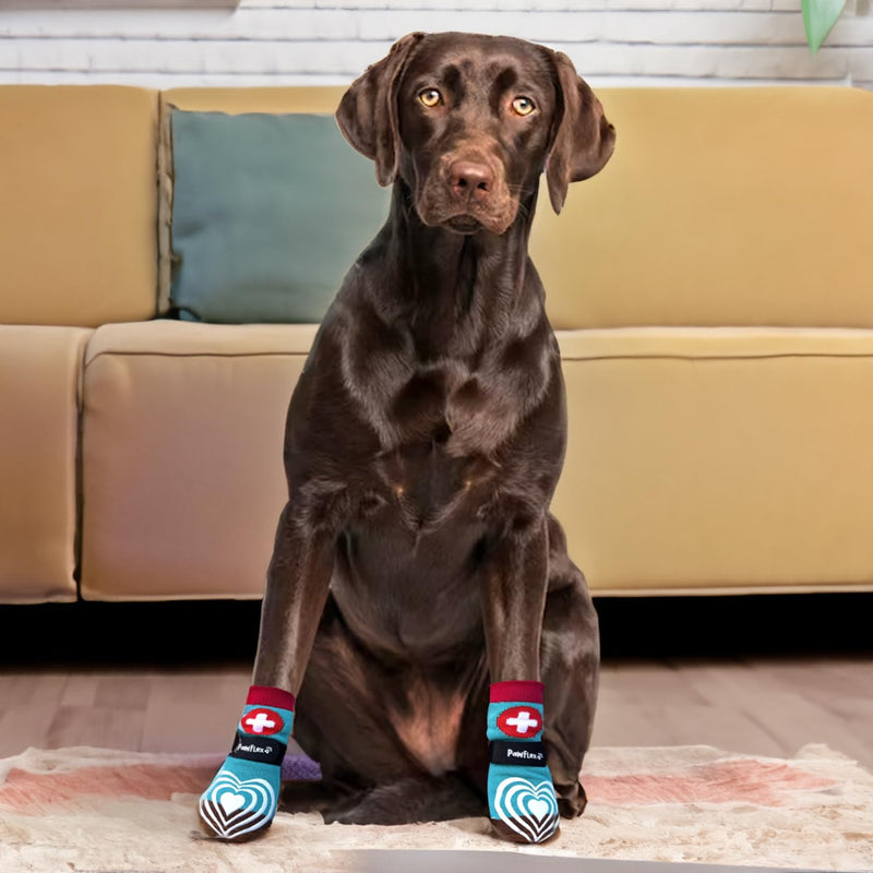 Medical First-Aid Double Sided Anti-Slip Cotton Dog Socks | PawFlex Comfy Pawz Silicone Nonslip at Inner Cuff for No Twisting or Sliding Off | Pet Paw Protection |Wound Care | Traction Control Medium Teal First Aid