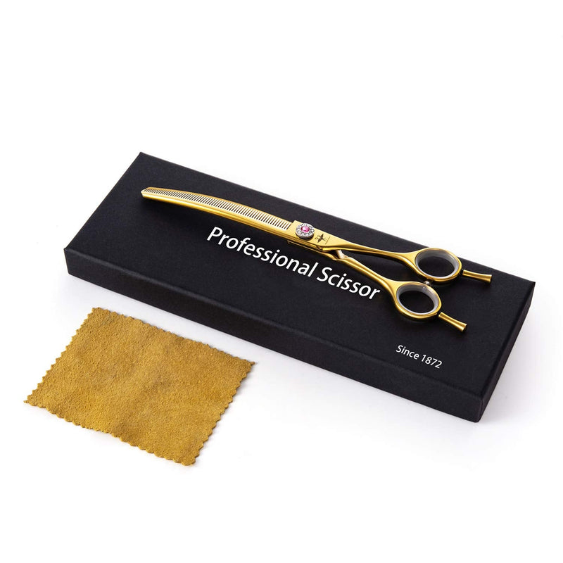 PURPLEBIRD 7 Inch Downward Curved Dog Grooming Scissors Thinning Texturizing Shears Professional Safety Blunt Tip Trimming Shearing for Dogs Cats Face Paws Limbs Japanese Stainless Steel Yellow Yellow Thinning - PawsPlanet Australia