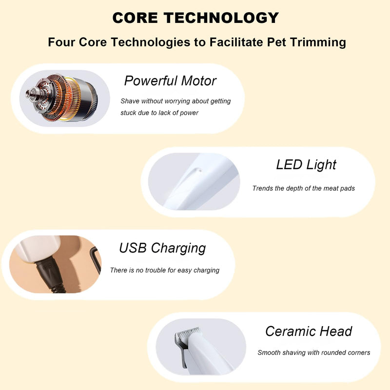Saffory Dog Trimmer, Pet Claw Trimmer with LED Light, Low Noise USB Rechargeable Pet Clipper. Suitable for Dogs and Cats, for Trimming Hair Around Paws, Eyes, Ears, Face, Buttocks. (1), White 1 - PawsPlanet Australia