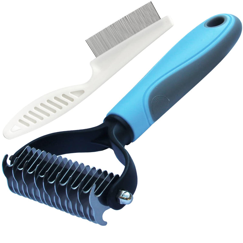 Double Sided Undercoat Rake Comb - Pet Grooming Tool for Dog and Cat Shedding and Dematting, Flea Comb Set (Blue/16 tooth) Blue/16 tooth