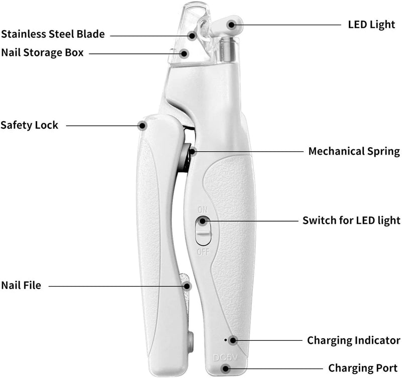 Pet Nail Clipper with LED Light for Dogs & Cats, Rechargeable Nails & Claws Trimmer Grooming, Safe Professional Trimming Tool with Nail Trapper & Free Nail File, Quick-Sensor Razor Sharp Blades White With Led Light - PawsPlanet Australia