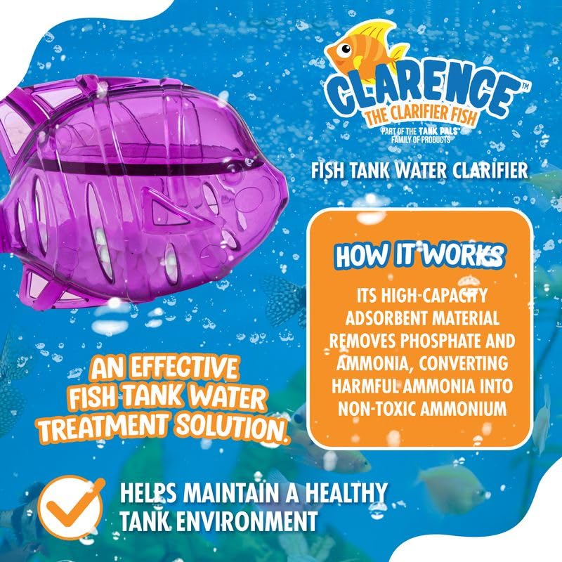 Clarence the Clarifier Fish - 3 pk, Purple - Aquarium Treatment, Clear Cloudy Fresh-Saltwater, Fish-Plant Safe, 10gal Tank Maintenance Each 3 Pack