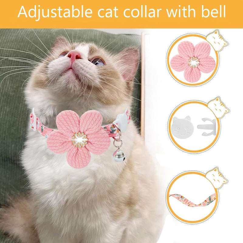 Cat Collar, HYQHYX Breakaway Kitten Collar with Flower,Rhinestone Kitty Collar with Bell, Floral Pet Collar with Safety Buckle for Cats and Puppy Dog Pink - PawsPlanet Australia
