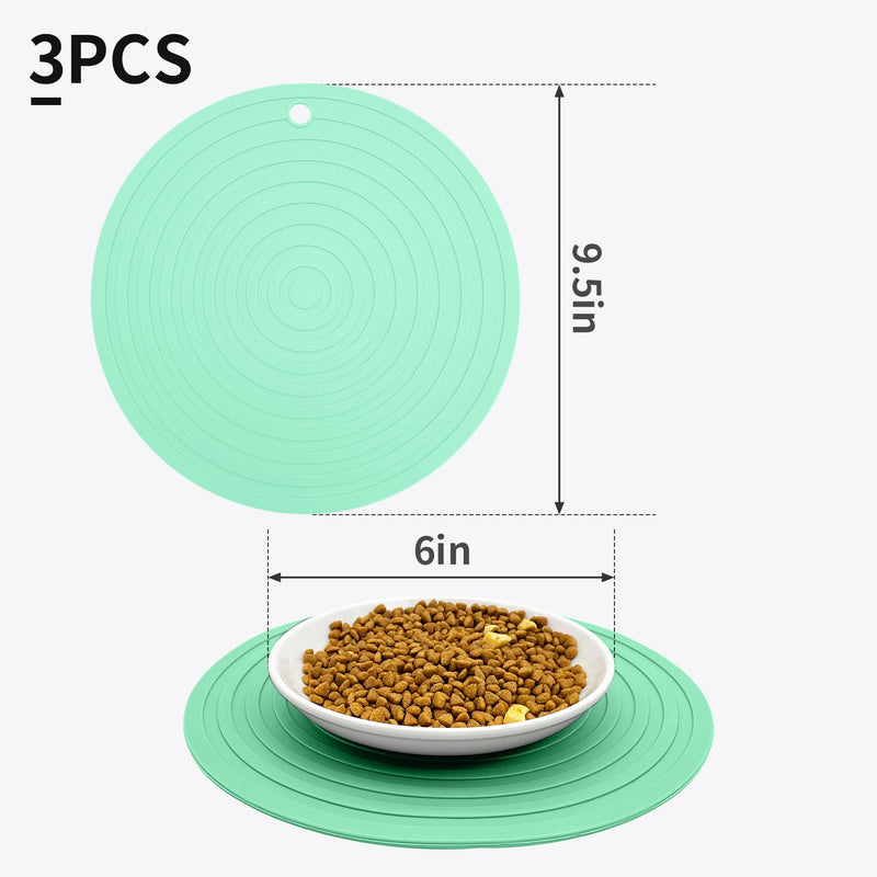 Fhiny 3PCS Silicone Pet Food Mat, 9.5" Round Waterproof Non-Slip Dog Cat Bowl Placemat Preventing Feed and Water Overflow Suitable for Medium Small Bowl Dish Plate Protect Floor (Green, 9.5" Dia) 9.5"Dia Green - PawsPlanet Australia