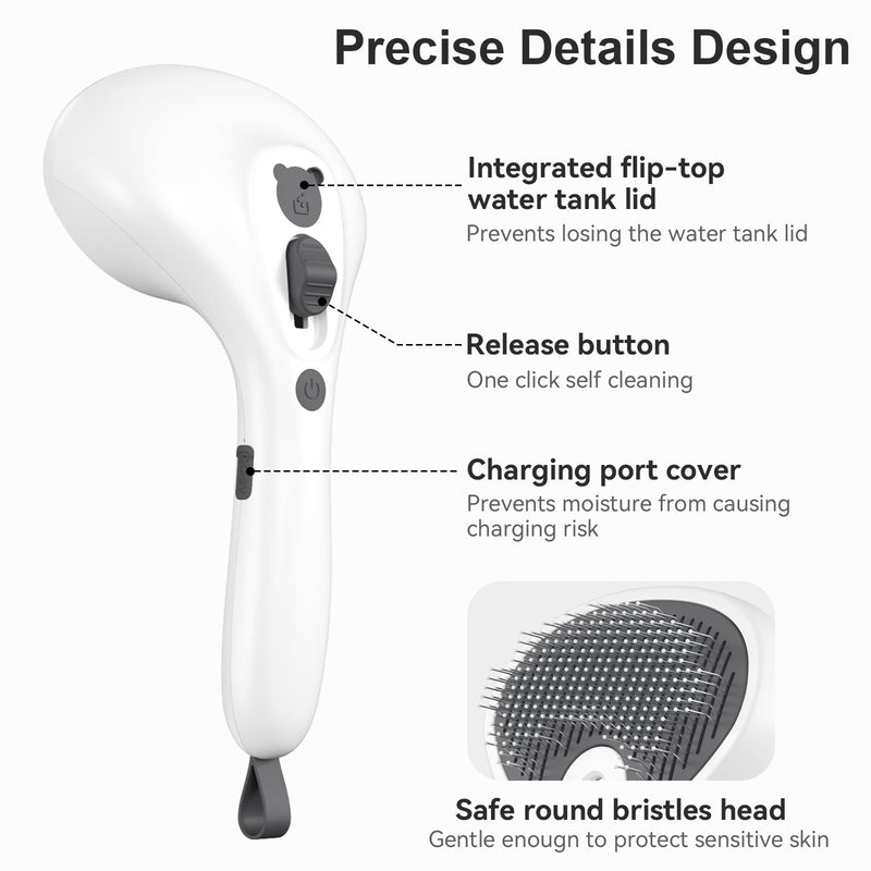 Steam Cat Brush with Release Button, [Ultra-Quiet Design/Comfort-Grip Handle] Pet Spray Dog Brush, Rechargeable Pet Steam Brush for Long Short Hair Cats, Dogs, Rabbits Grooming(Gray-White) Gray-White - PawsPlanet Australia