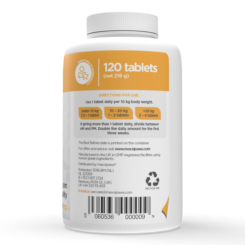 maxxipaws - maxxiflex+ Hip & Joint Supplement for Dogs with Glucosamine, Chondroitin, MSM & Collagen | Mobility, Flexibility & Discomfort Support | Senior, Adult & All Breeds | 120 Tablets 120 Count (Pack of 1) - PawsPlanet Australia