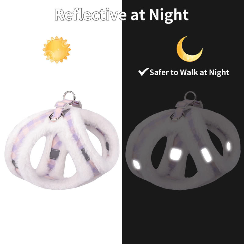AIITLE Reflective Plush Dog Winter Harness and Leash Set - Breathable Plaid Dog Vest Warm Dog Harness - Fleece Lined Dog Vest for Cold Weather, Easy to Put on Small and Medium Dogs Purple S Purple Pink Plaid - PawsPlanet Australia