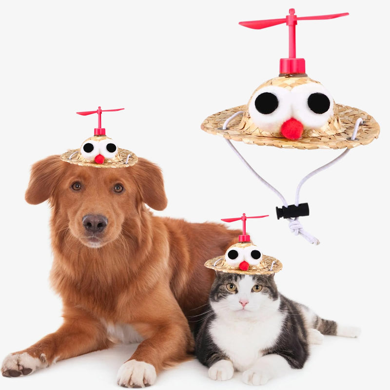 Pet Straw Hat Braided Sombrero Dog Hat Cat Hat Big Eye Red Nose Red Propeller Dragonfly Hood Summer Hat Sun Cap Mini Mexican Hats for Hawaii Garden Party Halloween Sun Bucket Cap for Puppy Kitty