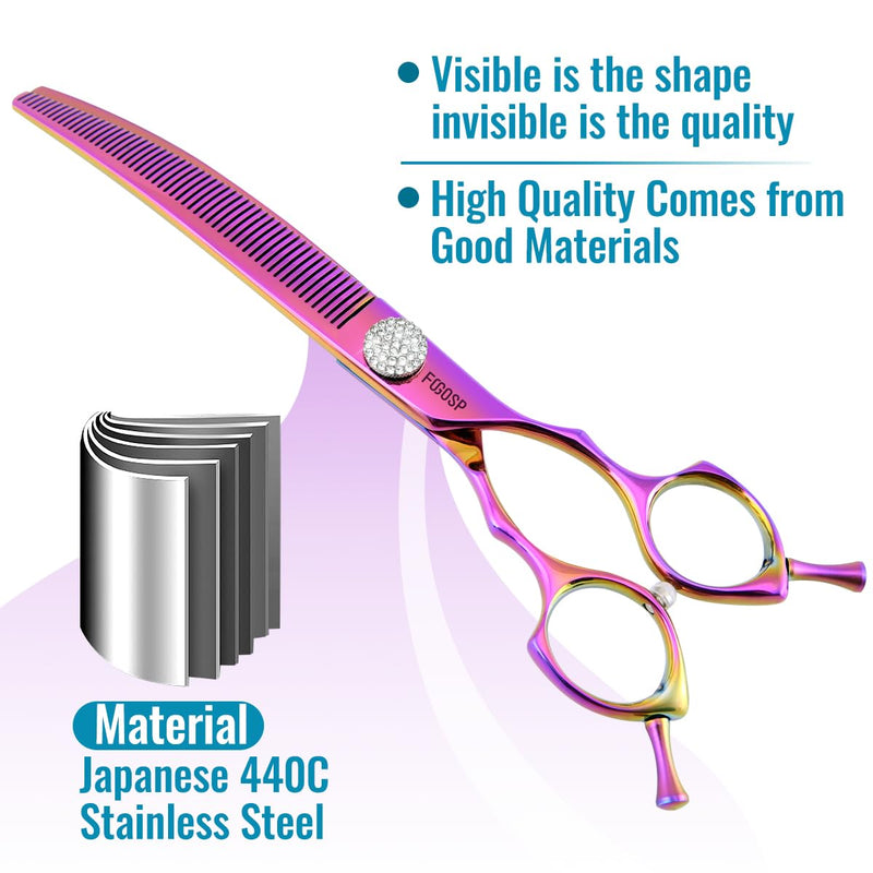 Professional Curved Thinning Shears Dog Grooming Scissors 7.5'' Rainbow Curved Thinner Scissors for Grooming Large Dogs Pet 56 Teeth Japan 440C(Curved Thinner,Rose Red) 7.5 in Curved Thinners Rose Red - PawsPlanet Australia
