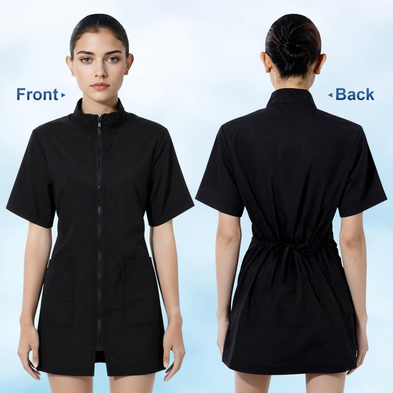 VILLCASE Black Dog Grooming Smock with Zipper, Short Sleeves Dog Grooming Tunic with 2 Pockets, Waterproof and Anti-static Pet Beautician Workwear Apron for Pet Shop Men and Women XL