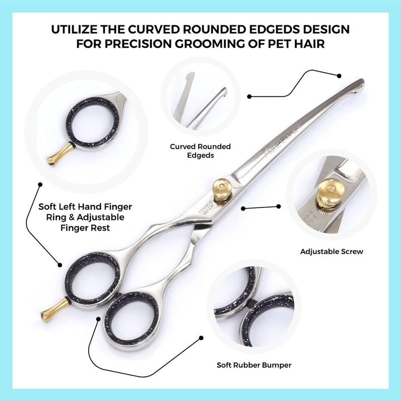 Left-Handed Pet Grooming Scissors Set Pro-Grade Curved Shears for Dogs Cats - Precision Crafted Sharp Blades Comfort Grip - Ideal for Cutting Curving Thinning (LH Round Tip Curved) LH Round Tip Curved - PawsPlanet Australia