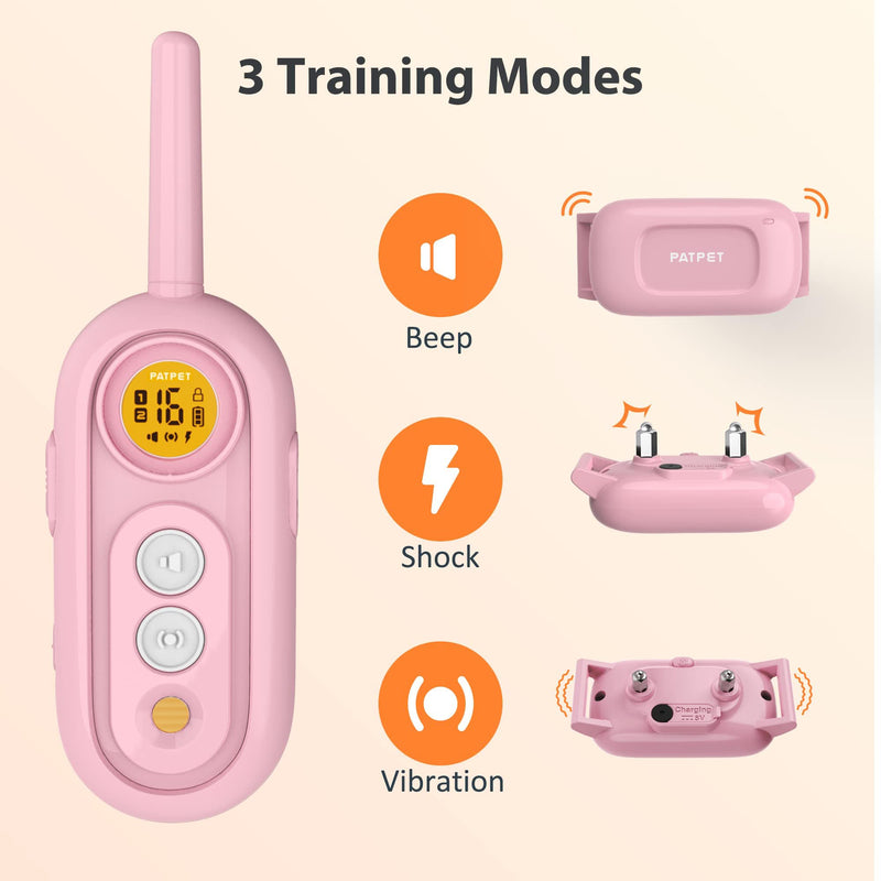 PATPET Dog Shock Collar for Medium Dogs- Dog Training Collar with Remote, Shock Collar for Small Dogs 10-100lbs, Rechargeable IPX7 Waterproof with Beep Vibration Shock Modes Pink 2000Ft