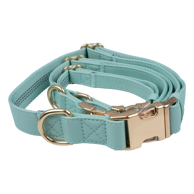Leather Dog Collar and Leash Set 7FT Reflective at Night - Soft and Easy to Clean Vegan Leather with Gold Metal Buckle for Small Medium Large Dogs (S, Sea Green) S