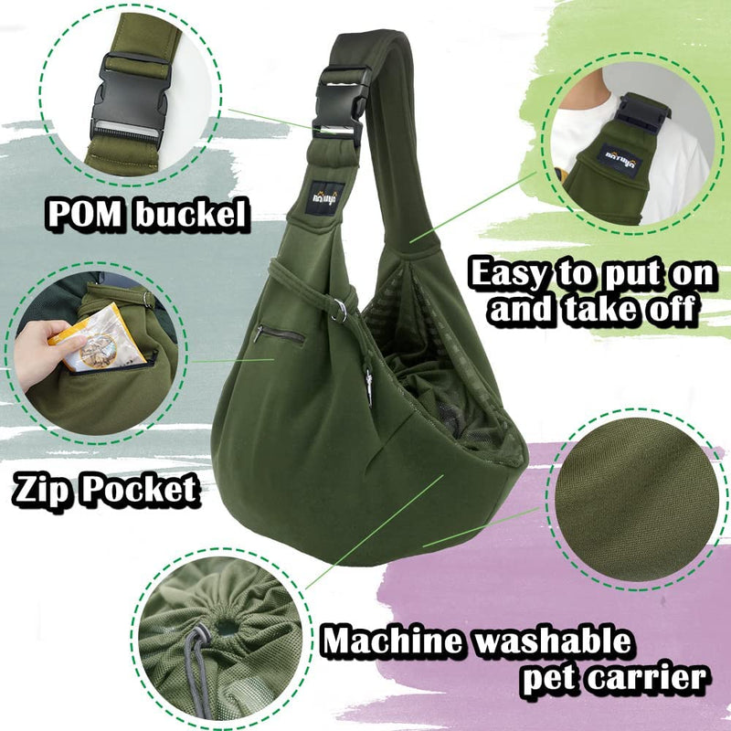NATUYA Dog Sling Puppy Carrier for Small Dogs Hand Free Doggie Walking Bag Adjustable Shoulder Strap Zip Pocket Safety Belt Protective Mesh Pet Carrier for Travel Outdoor Subway (Green) Green - PawsPlanet Australia