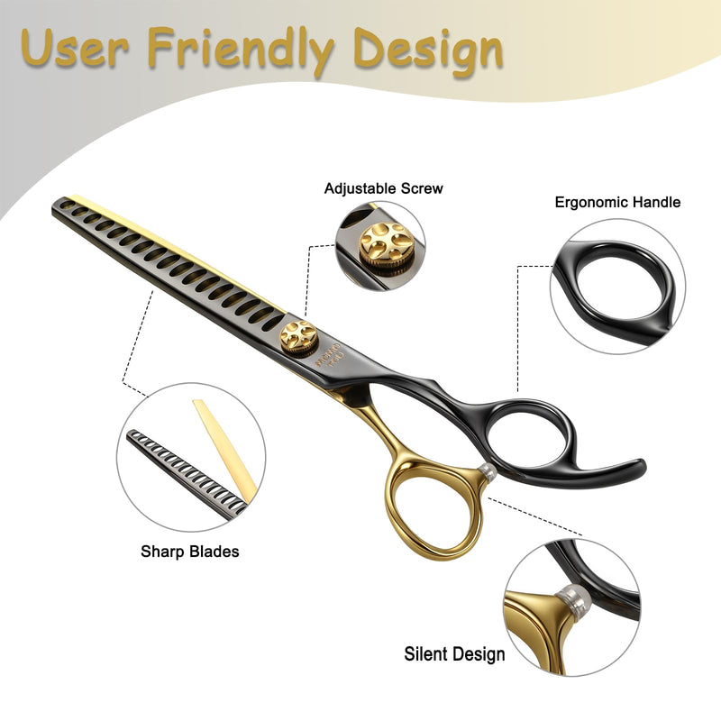 7.5'' Chunker Dog Grooming Scissors with Decorative Screw Sharp and Durable Black and Golden 440C Stainless Steel Dog Thinner Shears Easy Use for Groomers and Beginners. Chunker Scissors 7.5''