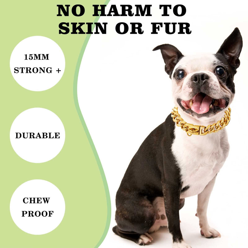 Stainless Steel Silver Gold Dog Collars with Safety Buckle Lock,18K Cuban Link Chain Training Collar,15MM Strong Dog Necklace Heavy Duty Chew Proof for Small Medium Large Dog 10 inch - PawsPlanet Australia