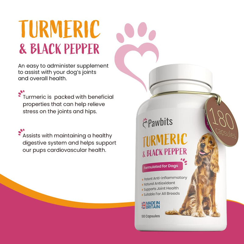 180 Turmeric for Dogs with Active Bioperine Black Pepper | Natural Premium Turmeric Curcumin Capsules suitable for Cats, Horses & Pets Powerful Antioxidant Supplement for Hip & Joints 180 Capsules - PawsPlanet Australia