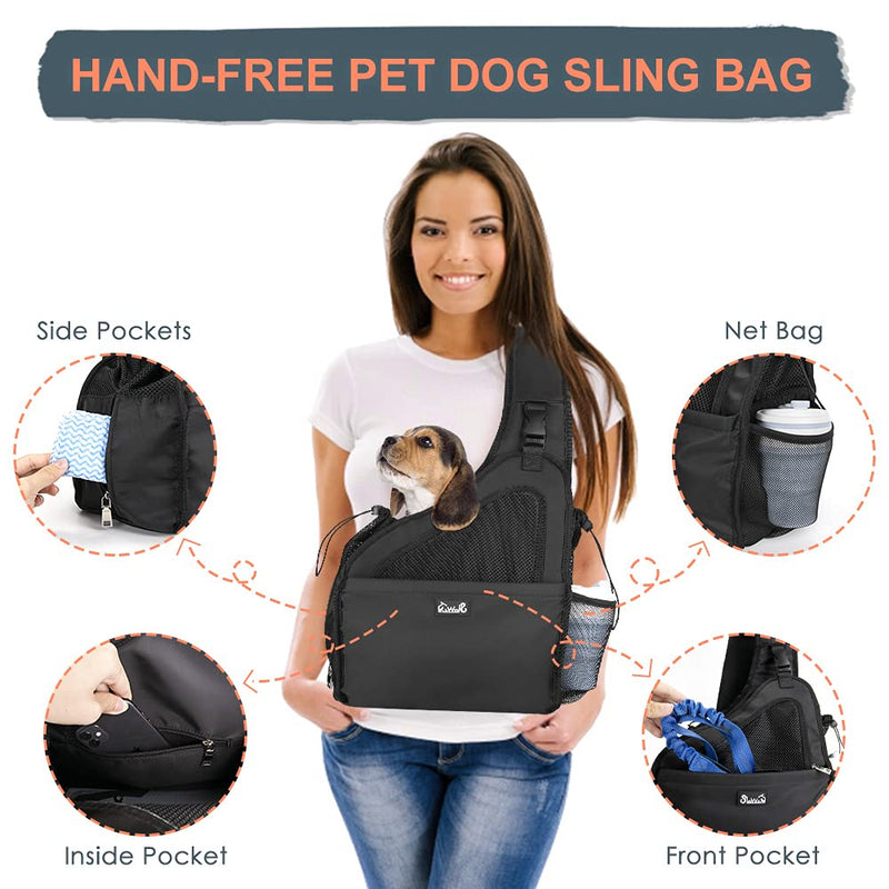 AUTOWT Small Animal Sling, Hands Free Papoose Small Dogs Cats Pet Puppy Travel Carrier Bag Tote Adjustable Padded Strap Breathable Mesh Hard Bottom Support Drawstring Opening Front Pocket Safety Belt For Pet Up to 6 lbs Black - PawsPlanet Australia