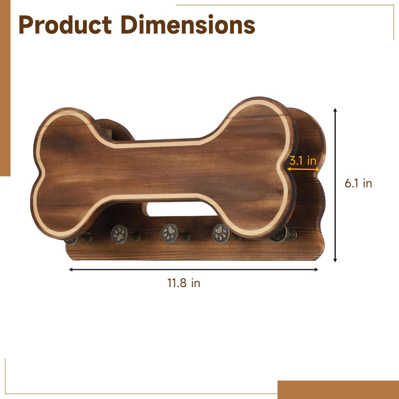 Doggie Bone Key Holder Wall Mount, Rustic Wooden Dog Leash Holder with 5 Hooks, Dog Stuff Storage Shelf, Pet Accessories Organizer for Entryway, Living Room, 11.8 x 6.1 x 3.1 in - PawsPlanet Australia