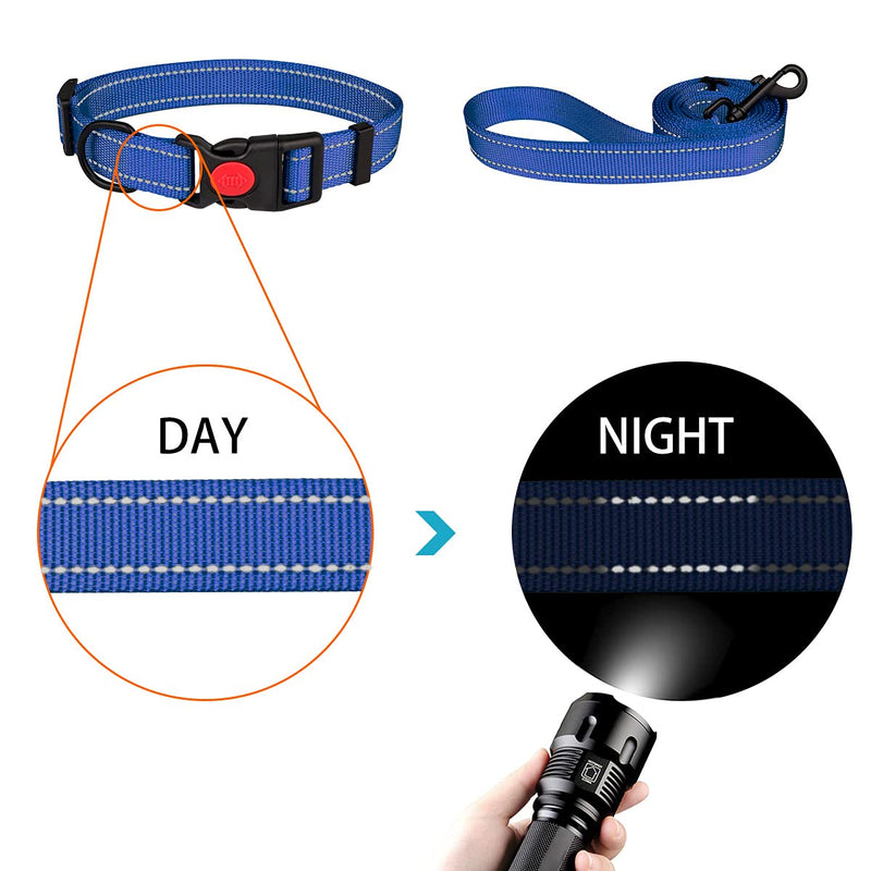 Reflective Dog Collar and Leash Set with Safety Locking Buckle Nylon Pet Collars Adjustable for Small Medium Large Dogs 3 Sizes(Navy Blue&S) S Navy Blue - PawsPlanet Australia