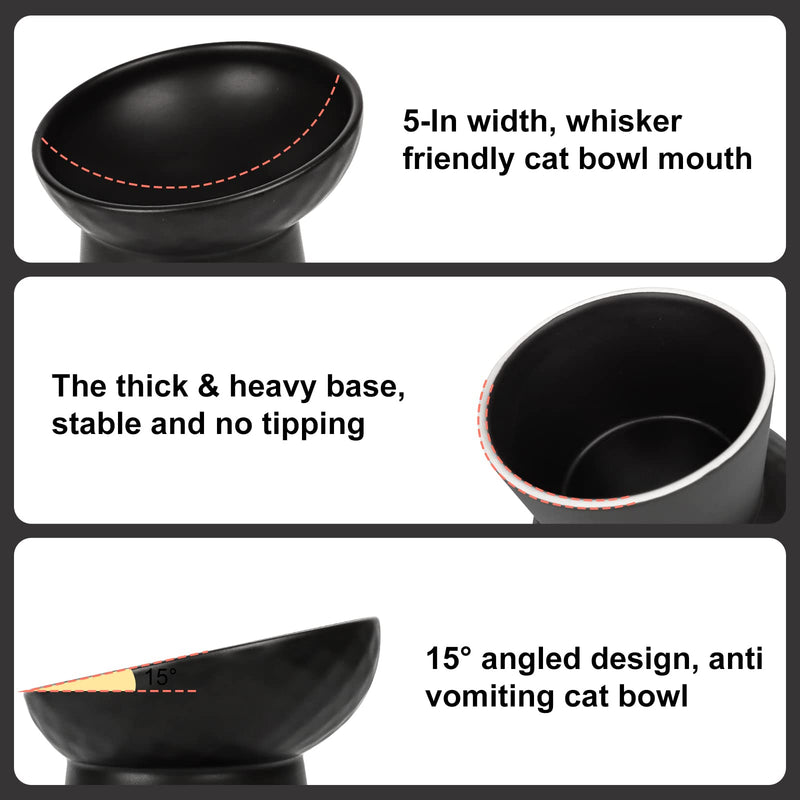 YauYik Ceramic Raised Cat Bowls, Elevated Tilted Cat Food and Water Bowls Set, Stress Free Pet Feeding Dish for Indoor Cats and Small Dogs, Anti Vomiting, Black, 2 Pack BLACK-2 PC