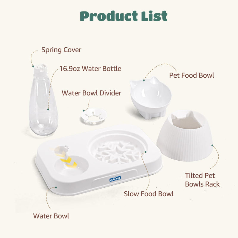 Nobleza 3-in-1 Slow Pet Feeder Bowl Bottle Set, Automatic Pet Dispenser Treat Food & Water Bowl with 15° No Spill Tilted Raised Bowl for Cat Dog Small Medium Pet Kitten Puppy Bunny Healthy Food Water - PawsPlanet Australia