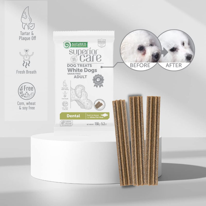 Nature's Protection Dental Chews for Dogs Teeth - Fights Bad Breath - Grain Free Dog Dental Treats for Small & Large Breed Adult Dogs with Light Fur, 5.2 oz (Superior Care - White Fish, Pack of 5) 5.2 Ounce (Pack of 5)