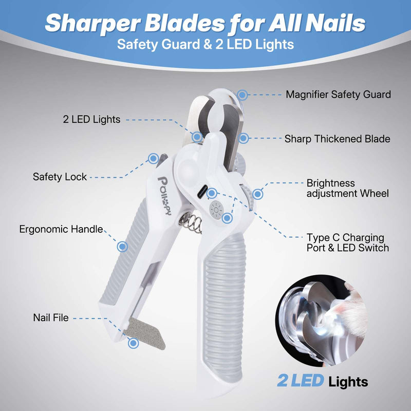 Dog & Cat Nail Clipper with 2 Adjustable Brightness LED lights, Safety Guard to Avoid Over-Cutting, Nail File, Extra Sharp Trimmer for Thick Pet Nails Grooming, Quick Sensor, Safety Lock, Rechargeable