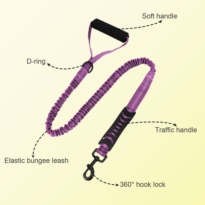 Heavy Duty Bungee Dog Leash with Shock Absorbing & Reflective Stitching - Adjustable 4-6FT Tactical Training Leash for Strong Pullers, Dual Padded Handles for Medium/Large Dogs(Purple) Purple - PawsPlanet Australia