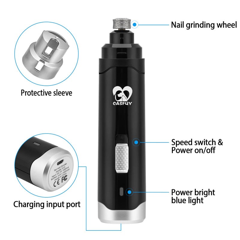 Casfuy Dog Nail Grinder Upgraded - Professional 2-Speed Electric Rechargeable Pet Nail Trimmer Painless Paws Grooming & Smoothing for Small Medium Large Dogs & Cats Black - PawsPlanet Australia