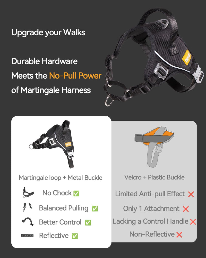DF No Pull Step-in Martingale Dog Harness, Help Stop Pulling & Choking, Reflective & Adjustable, Front Clip Harness with Lift Handle, Tactical Silent Metal Buckle, Black, 3/4", Front Chest 13.2"-16.0" 3/4" (Front Chest 13.2" - 16.0") - PawsPlanet Australia
